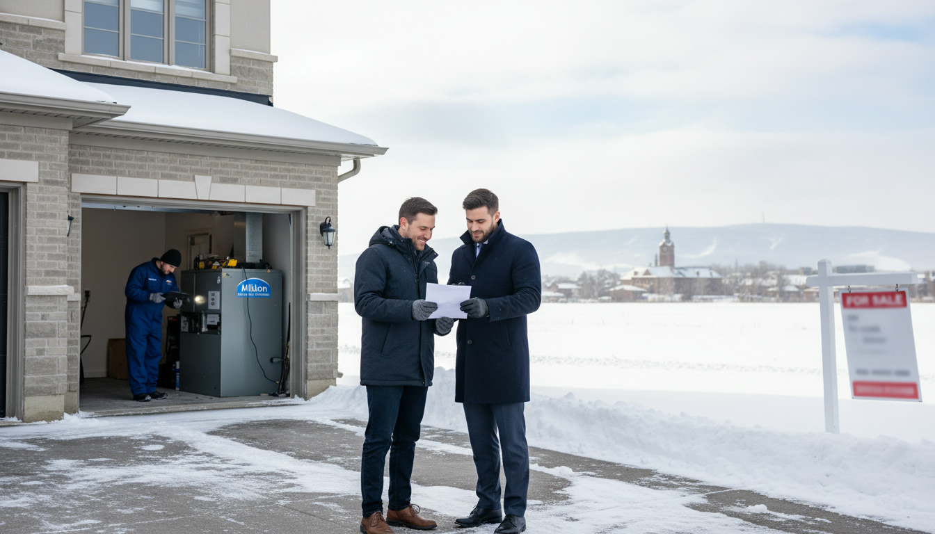 Milton home seller and agent reviewing closing documents while a technician inspects a furnace before closing.