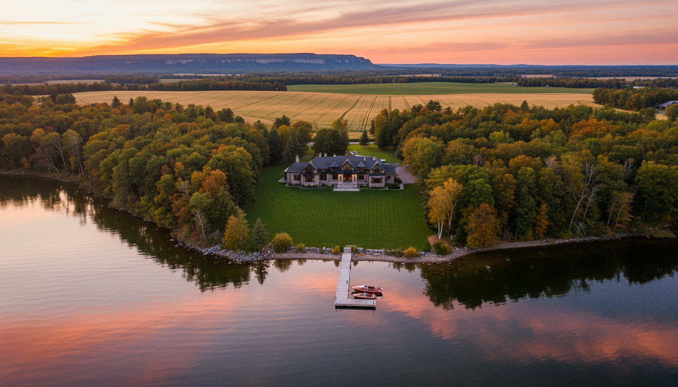 Aerial view of a luxury lakefront property in Milton, Ontario with a private dock, wooded acreage, and sunset reflecting on the water.