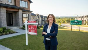 Real estate agent in front of a modern Milton home with For Sale sign and Milton town landmark in background