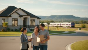 Realtor showing a young couple a house in a suburban Milton, Ontario neighbourhood with GO train and Niagara Escarpment in background.