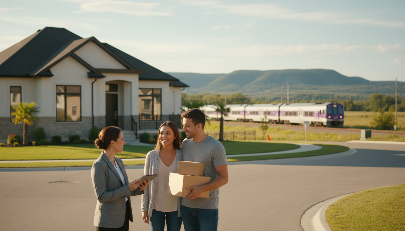 Realtor showing a young couple a house in a suburban Milton, Ontario neighbourhood with GO train and Niagara Escarpment in background.