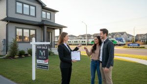 Local realtor handing keys to homeowners in front of a Milton, Ontario home for sale with title documents visible