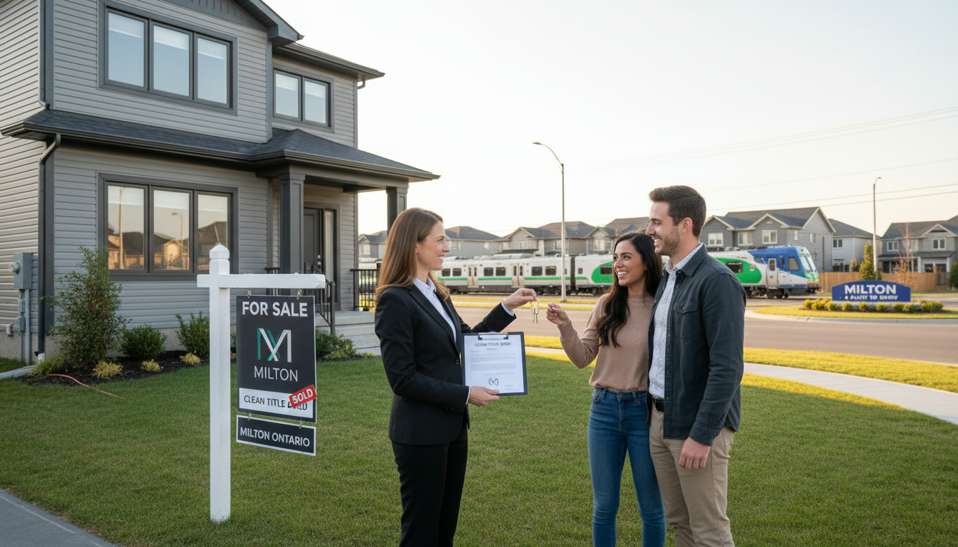 Local realtor handing keys to homeowners in front of a Milton, Ontario home for sale with title documents visible