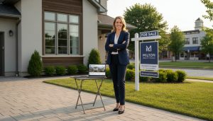 Real estate agent in front of a Milton, Ontario home showcasing digital marketing on a tablet to represent professional copywriting for home sellers.
