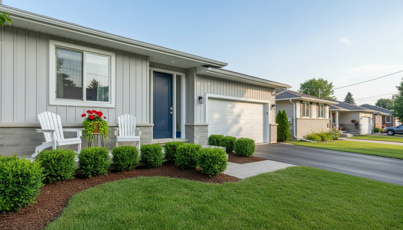 Well-staged Milton Ontario front yard with navy front door, trimmed lawn, and welcoming porch