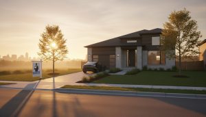 Milton Ontario detached home for sale with realtor and for sale sign at sunrise