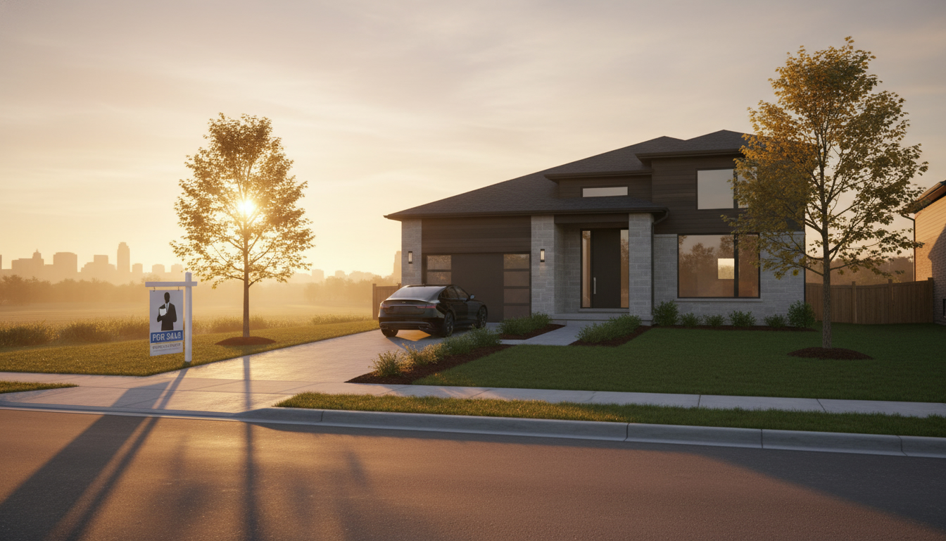 Milton Ontario detached home for sale with realtor and for sale sign at sunrise