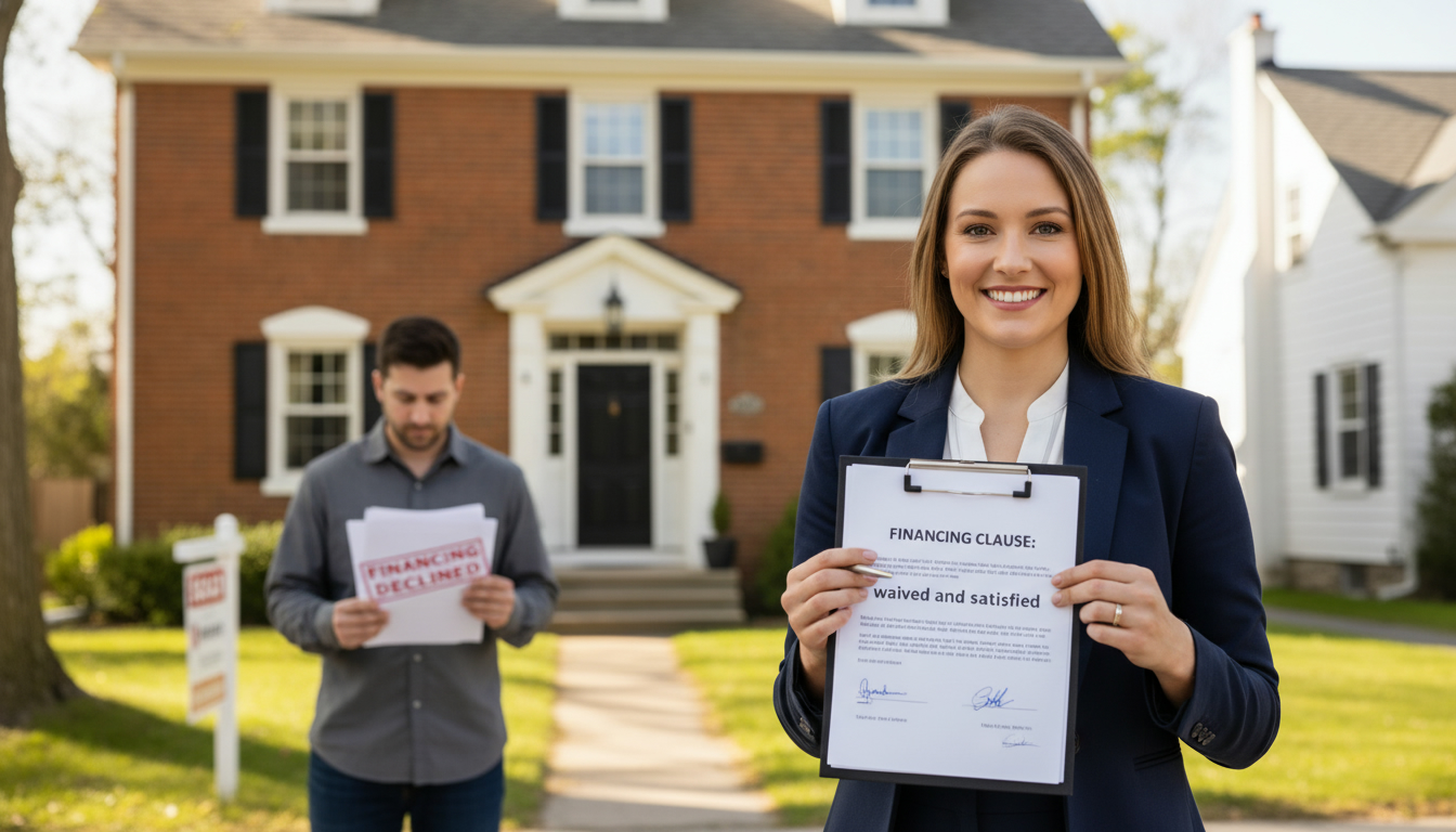 Real estate agent with contract outside a Georgetown Ontario house while buyer looks disappointed
