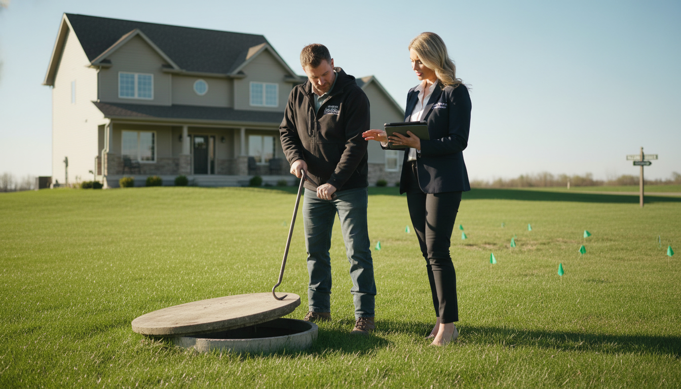 Septic inspector and realtor inspecting septic tank at a rural home in Georgetown Ontario