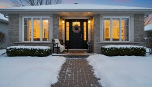 Welcoming Georgetown Ontario home entrance in winter with cleared walkway and warm interior light