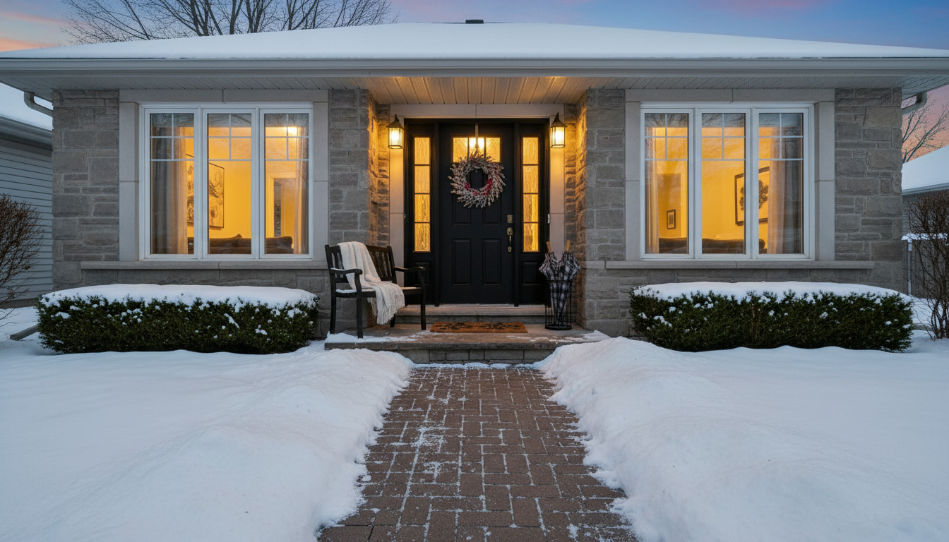 Welcoming Georgetown Ontario home entrance in winter with cleared walkway and warm interior light