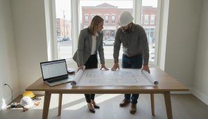 Realtor and contractor reviewing renovation estimates in a Georgetown, Ontario home with blueprints and laptop.