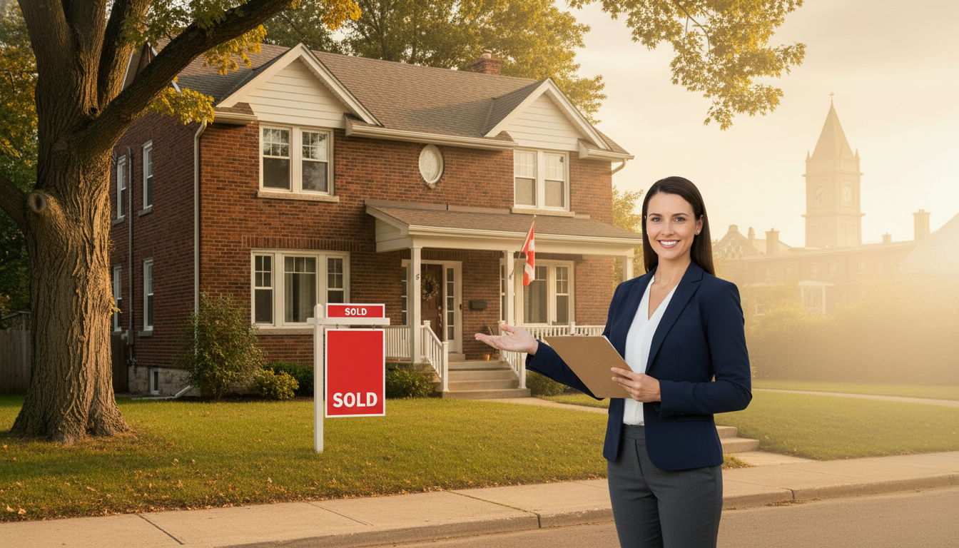 Real estate agent in front of a sold home in Georgetown Ontario with neighbourhood in background