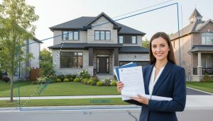 Georgetown ON house with property survey overlay showing easement line and realtor holding paperwork.