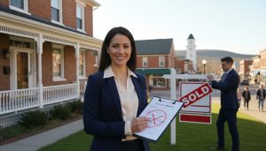 Real estate agent in front of a Georgetown Ontario home holding a contract and pen, 'For Sale' sign with 'Sold' sticker