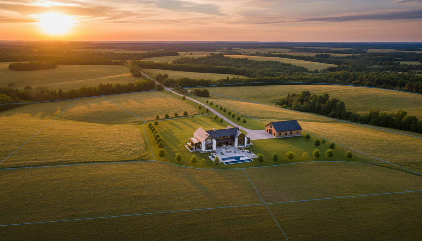 Aerial shot of a luxury rural property near Georgetown Ontario with fields, farmhouse, and barn