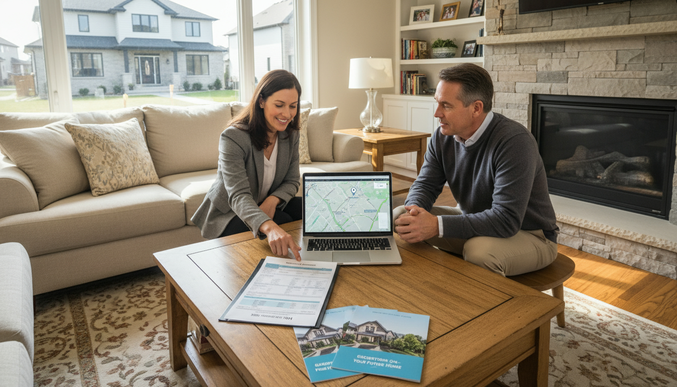 Realtor reviewing listing agreement with homeowner in Georgetown, Ontario living room.