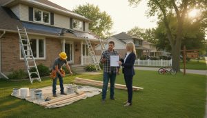 Georgetown Ontario house exterior with contractor and real estate agent discussing renovation estimates in the front yard.