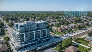 Aerial of Georgetown ON showing condo building near train station and detached houses, with a subtle data graph overlay.