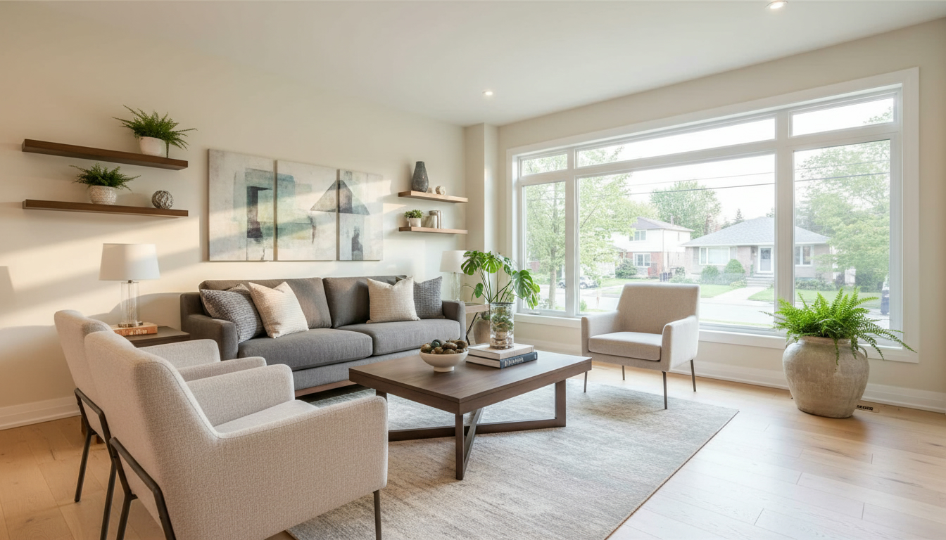 Staged modern living room with rented furniture in a Georgetown, Ontario home, bright and welcoming.