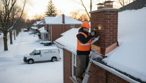 Chimney inspection on a Georgetown, Ontario home showing inspector examining brick chimney and flashing in winter