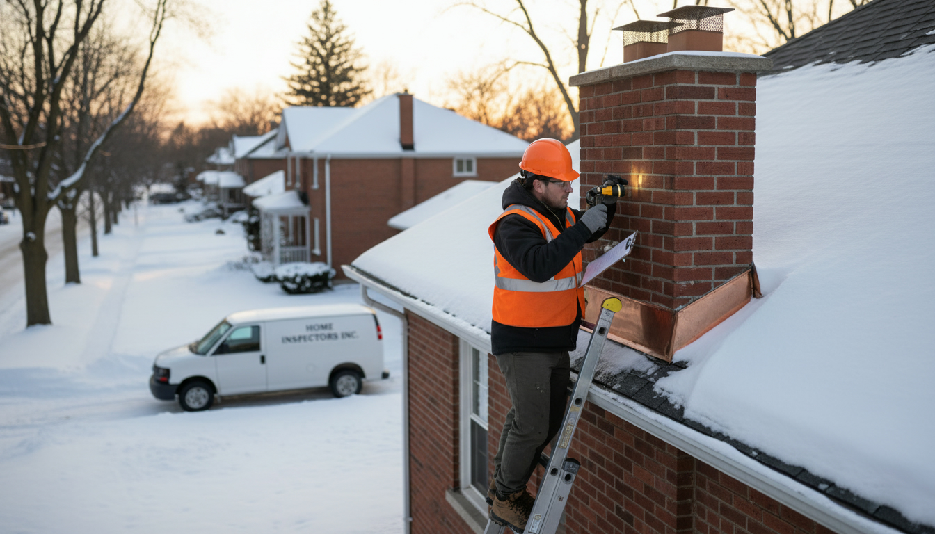 Chimney inspection on a Georgetown, Ontario home showing inspector examining brick chimney and flashing in winter