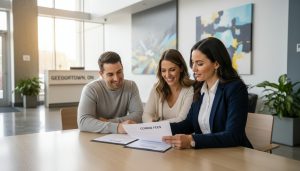 Realtor reviewing status certificate and condo fee documents with clients in a Georgetown, Ontario condo lobby