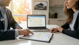 Real estate negotiation over a contract with 'escalation clause' highlighted; laptop shows Georgetown, ON MLS listing.