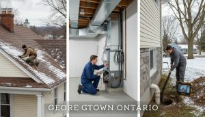 Inspector checking roof shingles, HVAC technician at a furnace, plumber performing camera sewer inspection at a Georgetown, Ontario home
