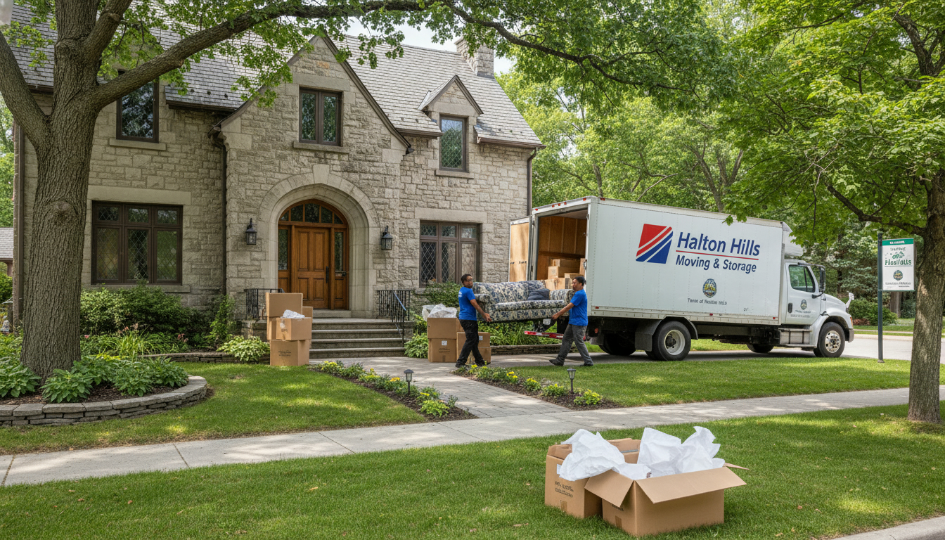 Movers carrying furniture and boxes outside a historic Georgetown, Ontario home with mature trees and a moving truck.