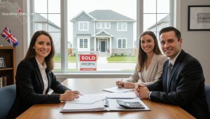 Real estate closing in Georgetown Ontario with sold sign, lawyer, documents, and calculator