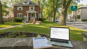 Georgetown Ontario house with moving boxes and insurance binder on clipboard, representing setting up home insurance before closing.