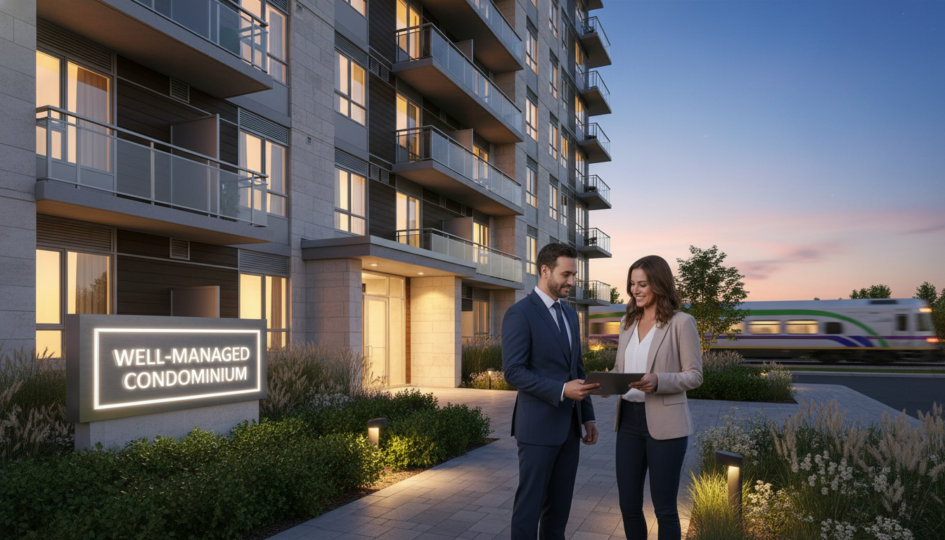Georgetown condominium building at dusk with property manager handing documents to buyers, indicating professional condo management