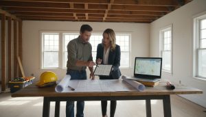 Realtor and contractor reviewing renovation plans in a Georgetown home with blueprints and budget sheet