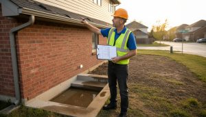Home inspector with clipboard checking roof and basement at a suburban house in Georgetown, Ontario