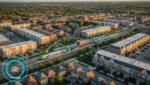 Aerial view of downtown Georgetown near the GO Station with walking distance overlays