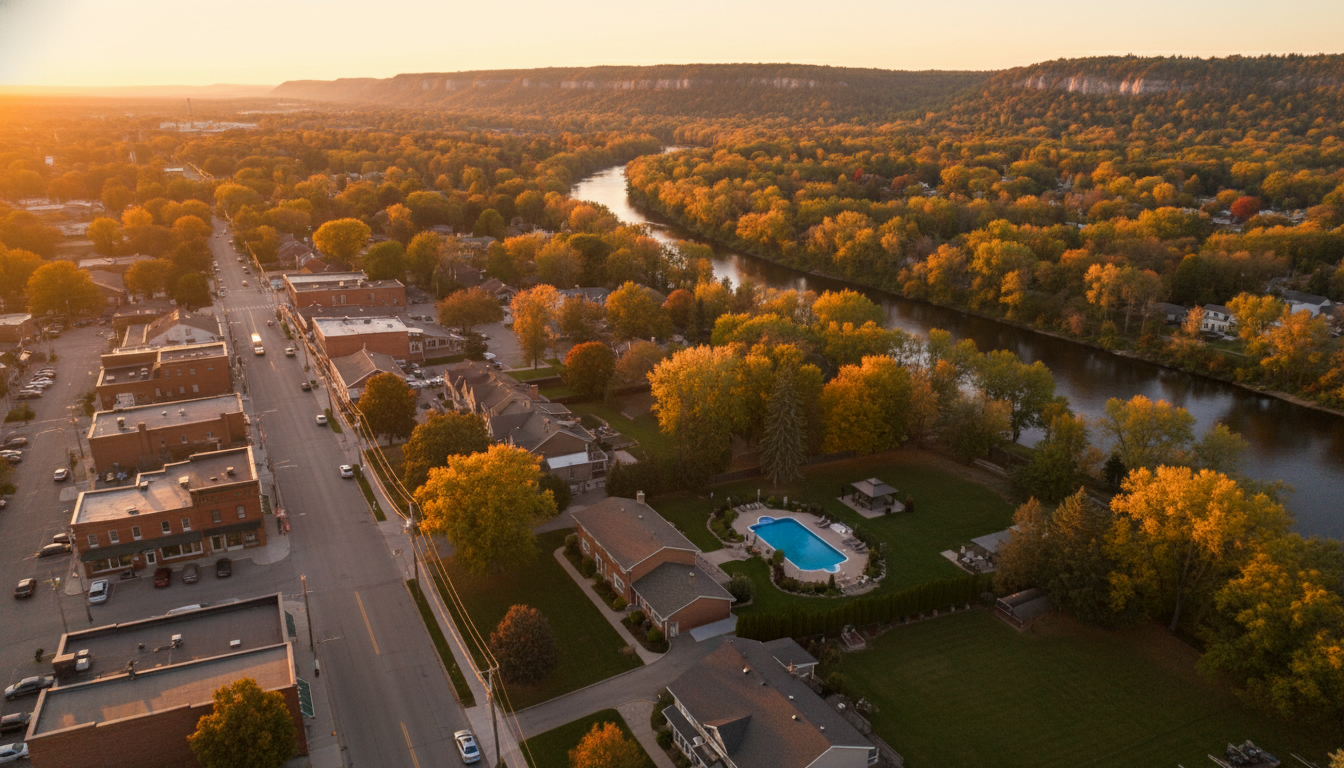 Aerial drone view of a Georgetown, Ontario home with backyard pool, Credit River nearby, and Escarpment in the distance at golden hour.