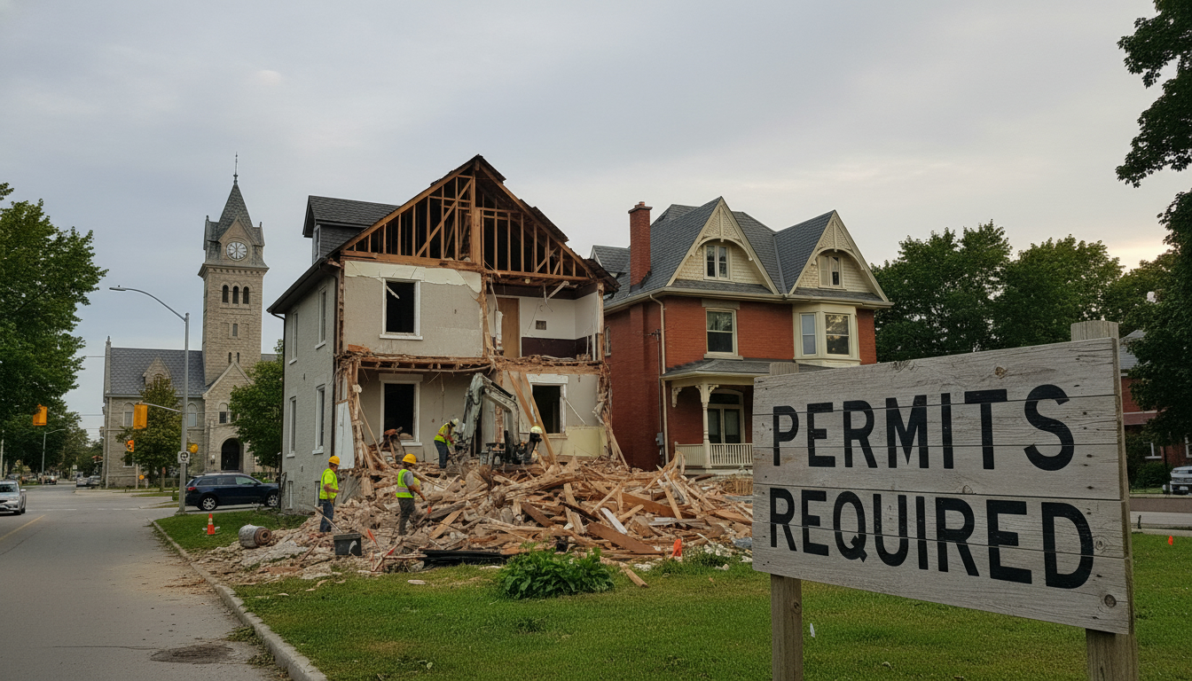 House demolition site in Georgetown, Ontario with permit sign and town hall in background