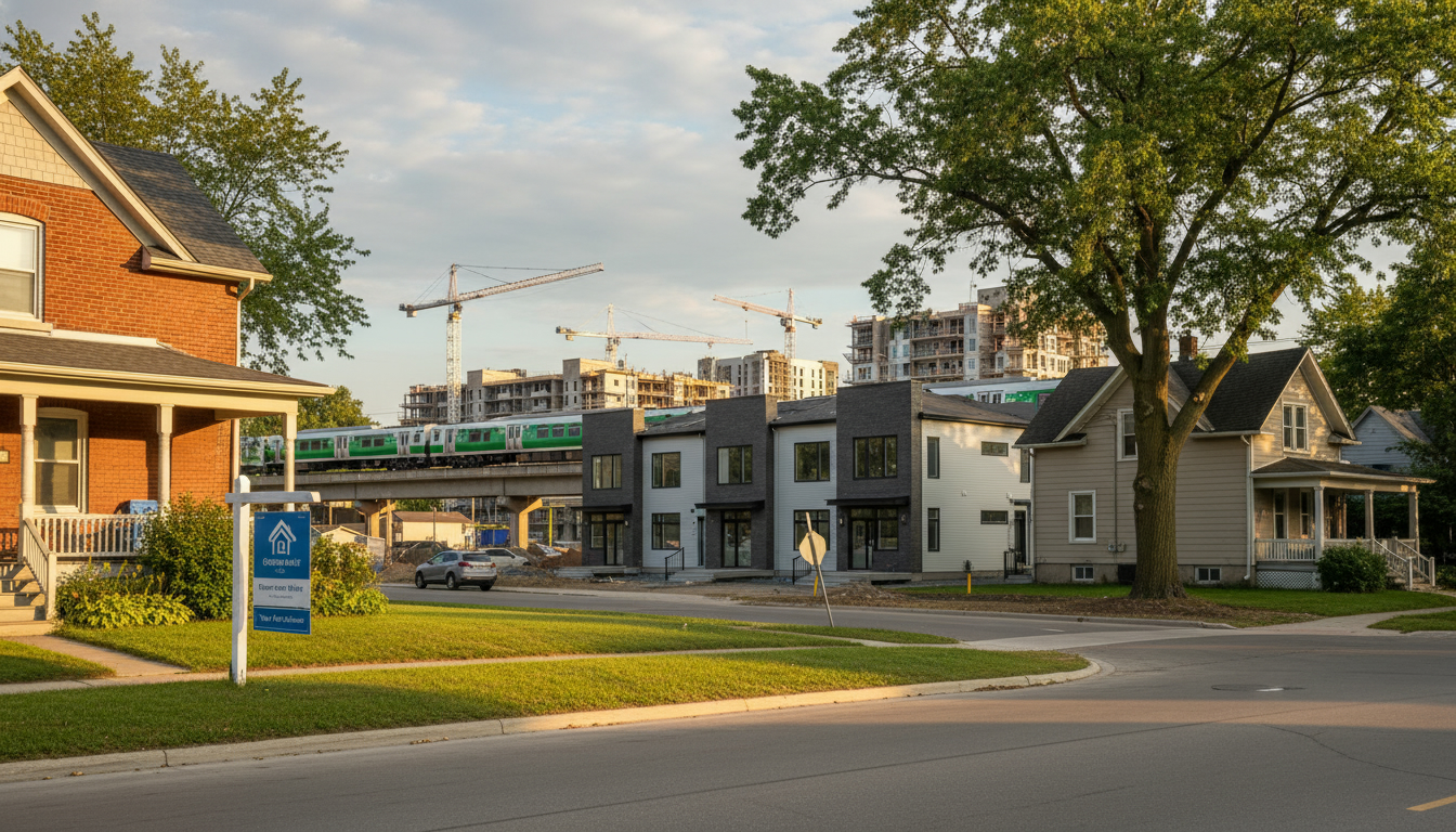Georgetown Ontario street with established homes, nearby new construction, For Sale sign, and commuter train in background.