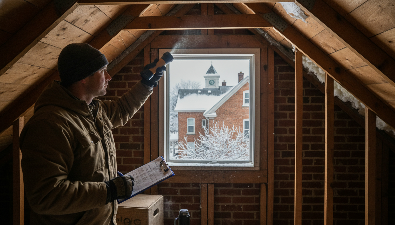Home inspector examining an older brick house in Georgetown Ontario with clipboard and flashlight