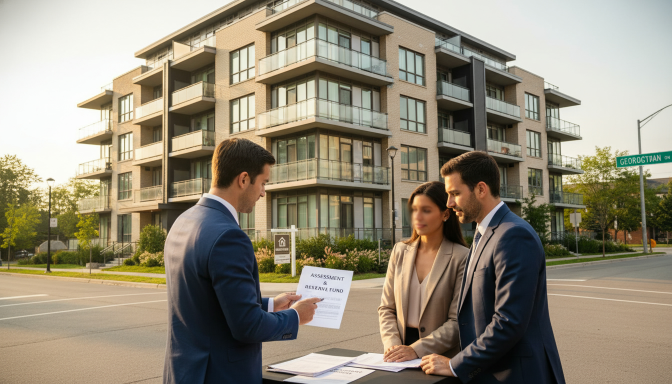 Realtor presenting condo assessment documents to prospective buyers in front of a Georgetown, Ontario condo building