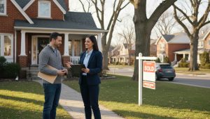 Real estate agent and homeowner reviewing final walkthrough checklist outside a Georgetown, Ontario home with SOLD sign.