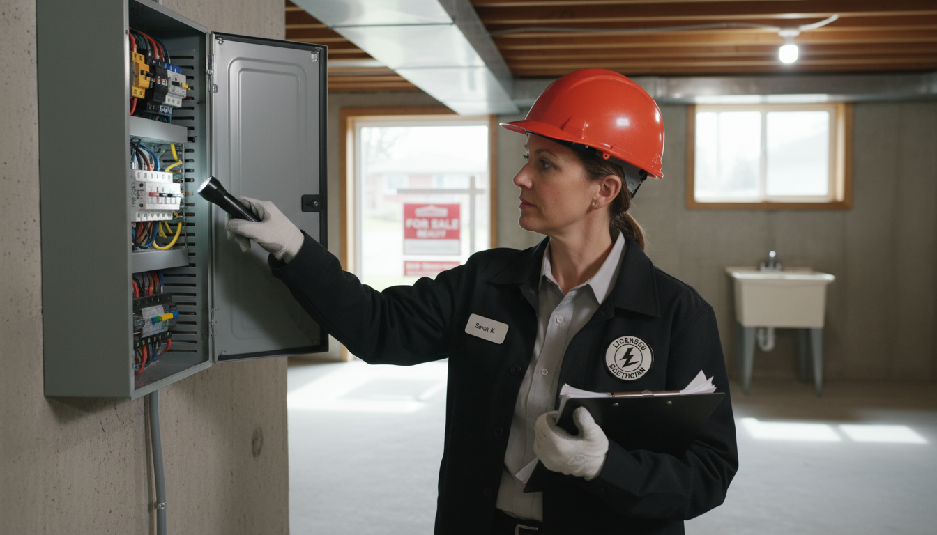 Home inspector pointing to open electrical panel in a Georgetown basement with a For Sale sign visible