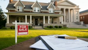 Georgetown house with For Sale sign, legal documents and courthouse in background representing inherited property and estate legal process.