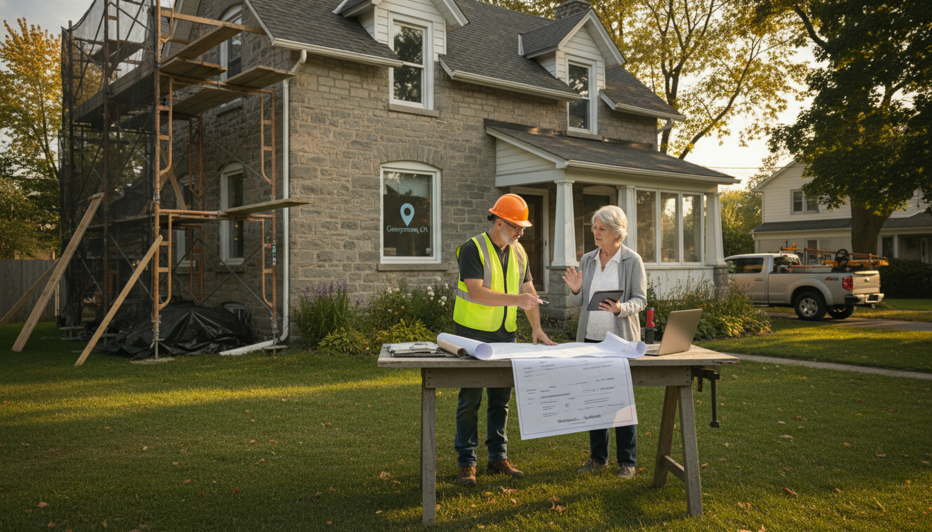 Georgetown Ontario fixer-upper house mid-renovation with contractor and homeowner reviewing blueprints and mortgage documents.