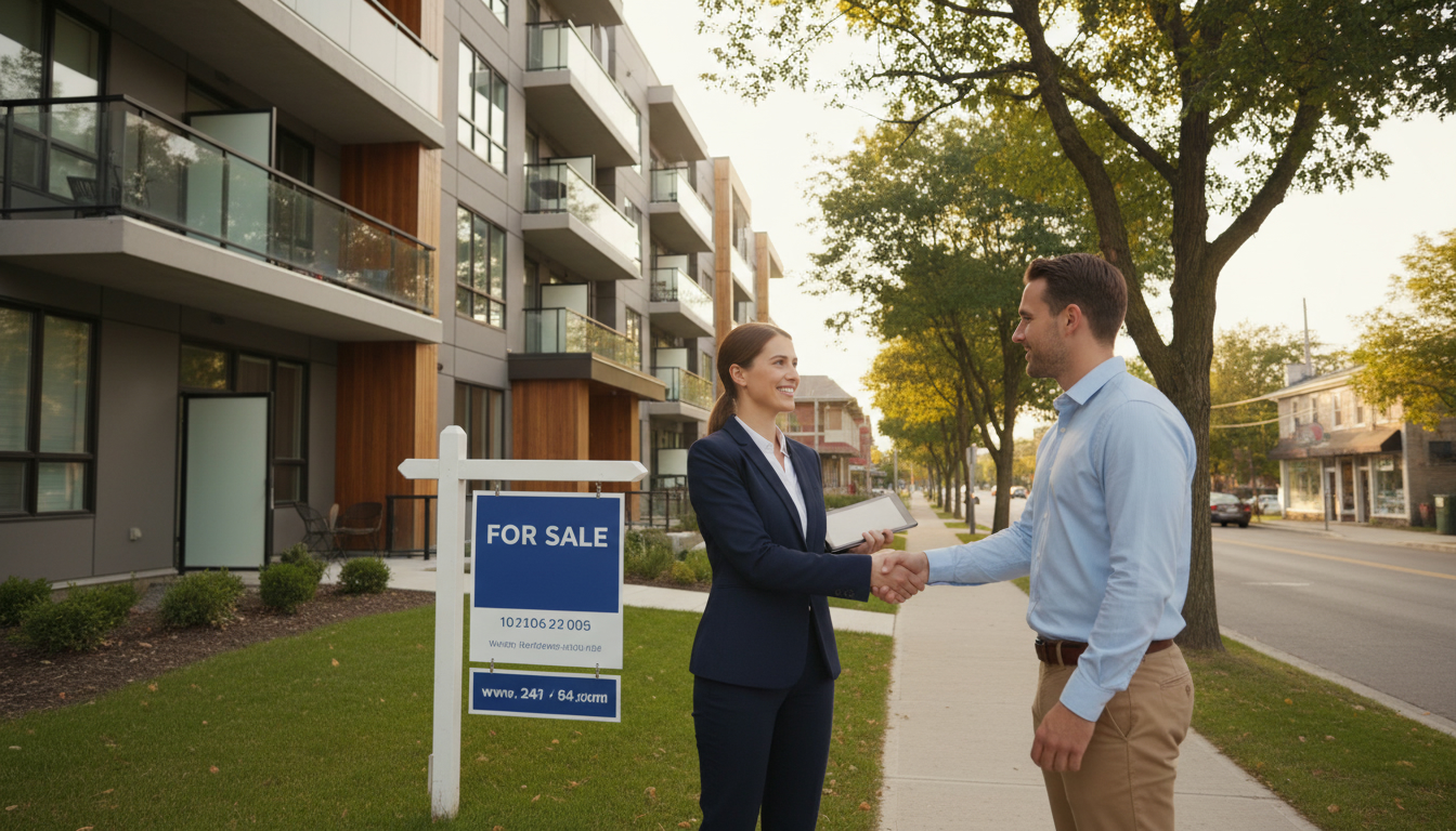 Realtor with tablet and "For Sale" sign in front of a Georgetown condo while tenant hands over keys