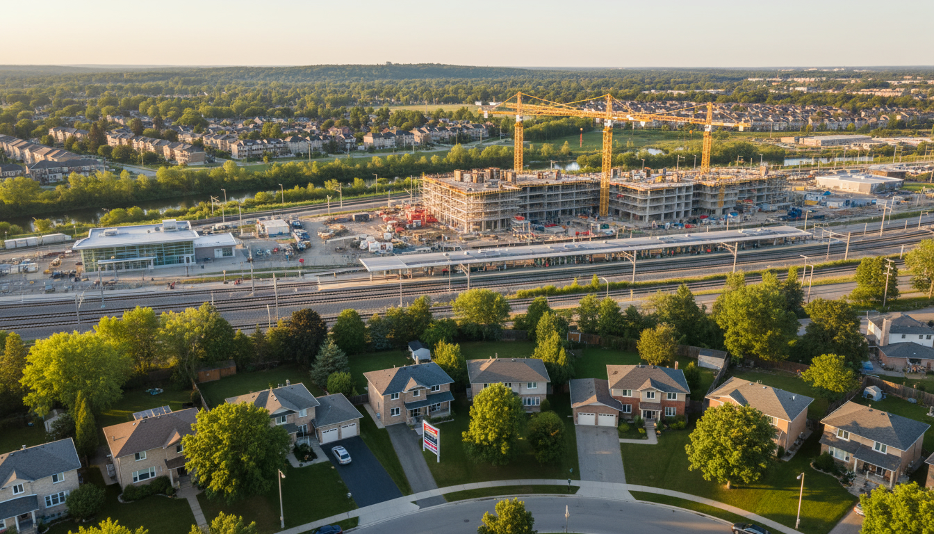 Aerial view of Georgetown, Ontario with a 'For Sale' sign, GO station, and nearby construction cranes indicating infrastructure projects