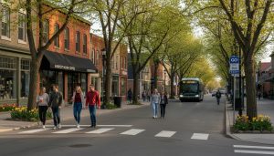 Walkable Georgetown street scene with sidewalks, pedestrians, storefronts, and transit stop