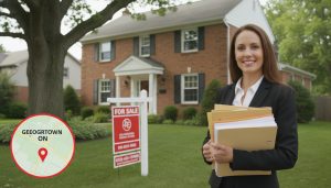 Realtor outside a Georgetown, Ontario house with legal documents and a for sale sign