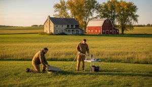 Inspector checking septic tank lid at a luxury rural property with red barn and rolling fields near Georgetown, Ontario.